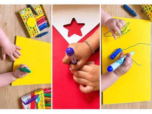 Petites mains en pleine création Enfants en pleine activité créative avec feuilles colorées et crayons Giotto Bébé.